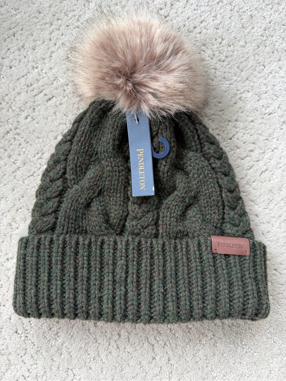 Pendleton Kids Olive Green Cable Knit Pom Beanie